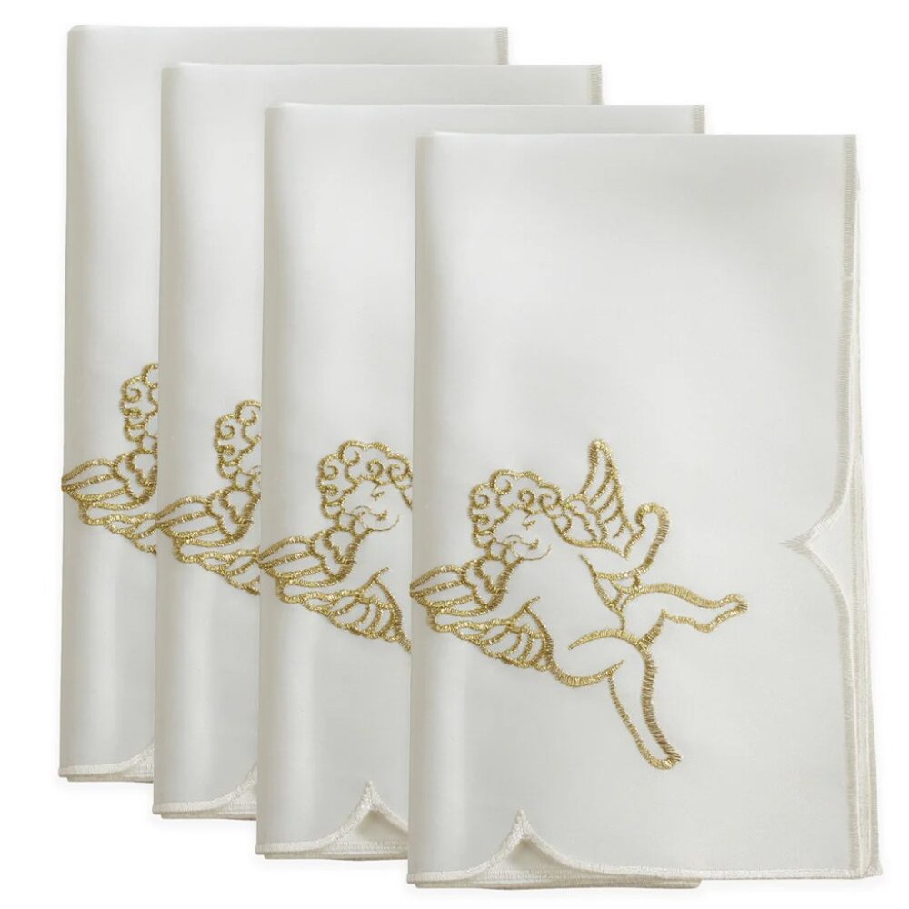 Embroidered Gold Cupid Ivory Dinner Napkins Set of 4